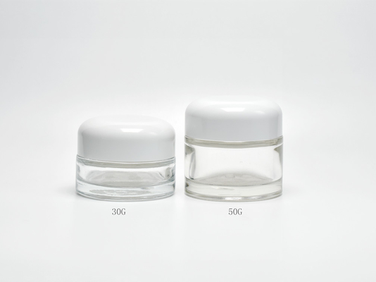 China Classic 1oz 1.7OZ  Flint Cylindrical Glass Cosmetic Jar With Dome Plastic Lid, Low Profile Glass Cosmetic Jars Supply supplier