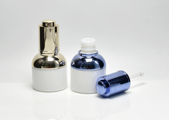 China Recyclable 1oz 30ML Opal White Glass Bottles With Metalized Push Button Dropper Cap, Medical Skincare Glass Packaging supplier